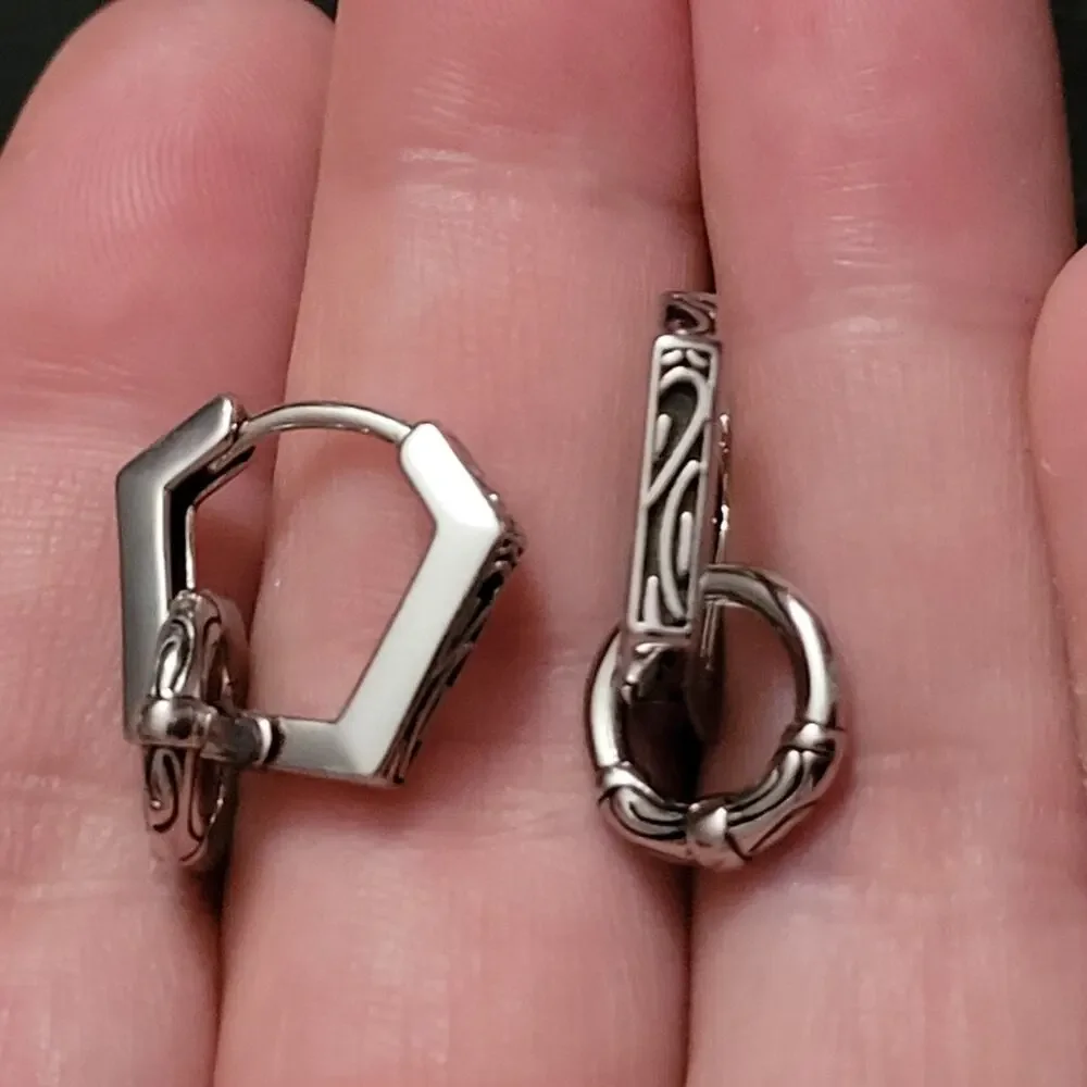 Men's unique etched silver tone geometric hoop earrings